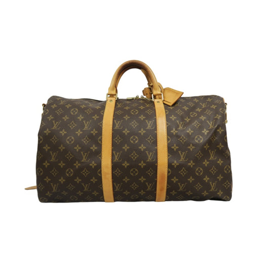 LOUIS VUITTON Monogram Keepall 50 Bandoulière Boston Bag Pvc Brown With Shoulder Strap, Name Tag And Lock