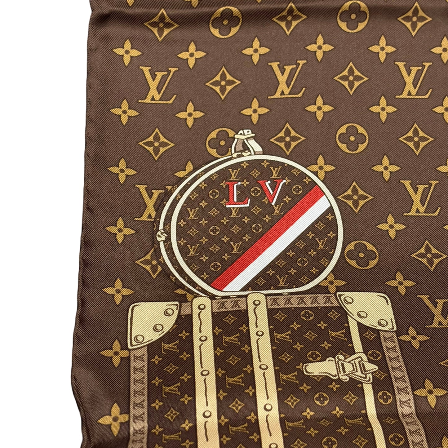 LOUIS VUITTON Monogram Trunk Luggage Full Print 100% Pure Silk Scarf Brown Classic LV Pattern Vintage Travel Theme Rare Collectible Accessory Included Original Gift Box