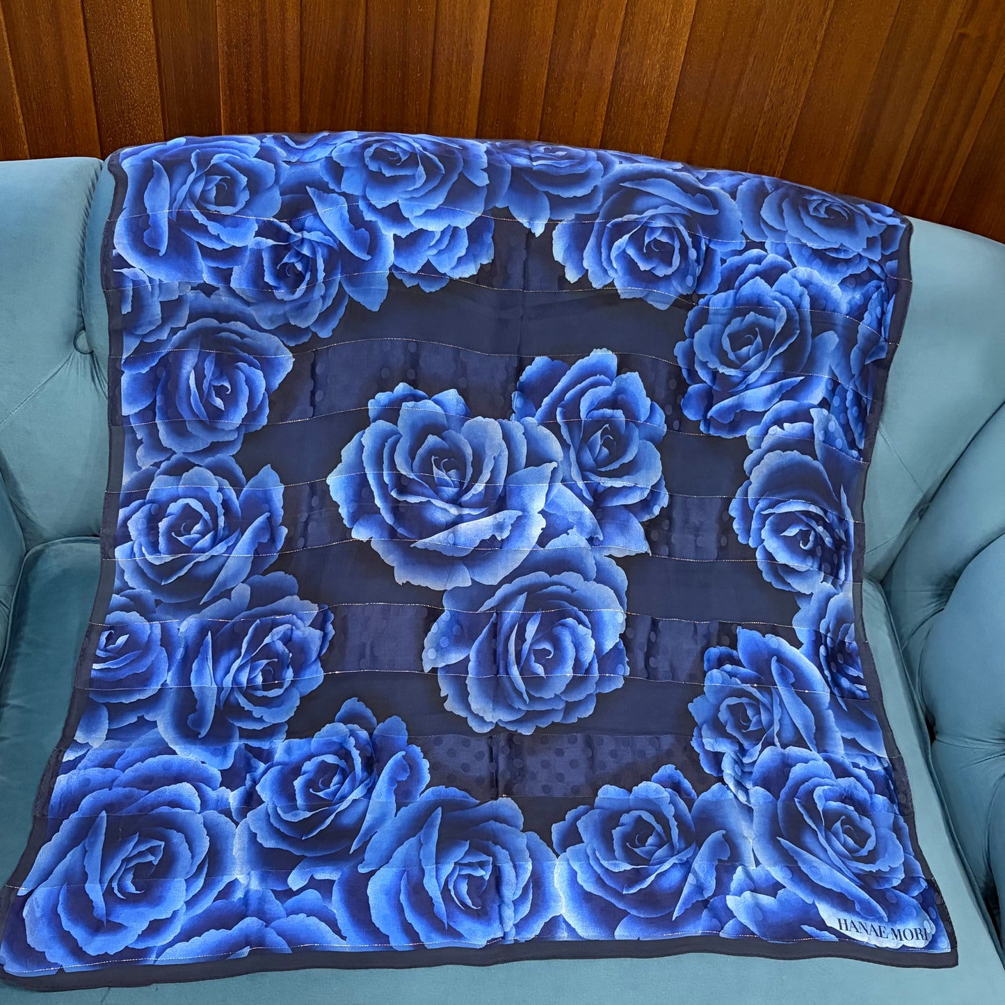 HANAE MORI Rose Print Chiffon Shawl Navy/Blue Sheer