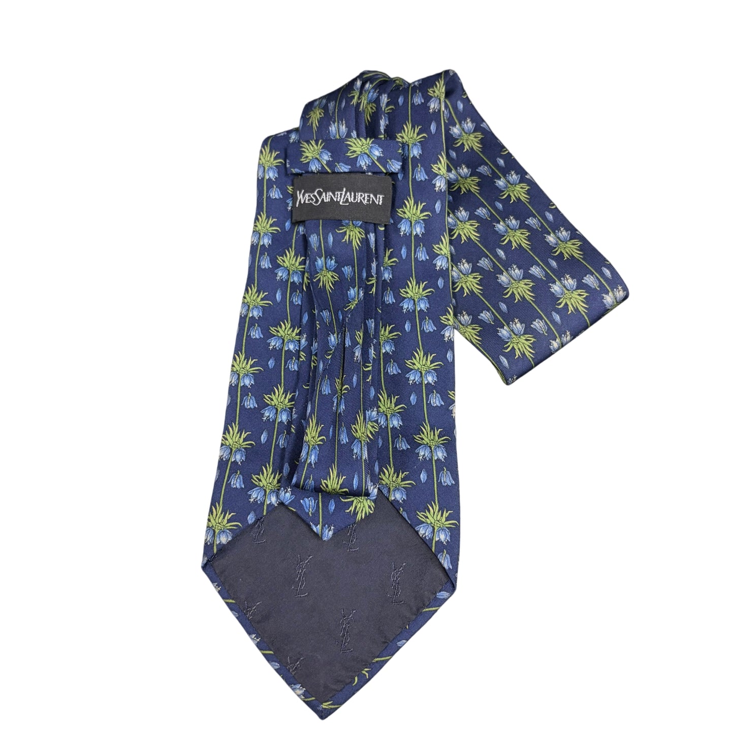 YSL  Floral Print Silk Tie Navy Blue