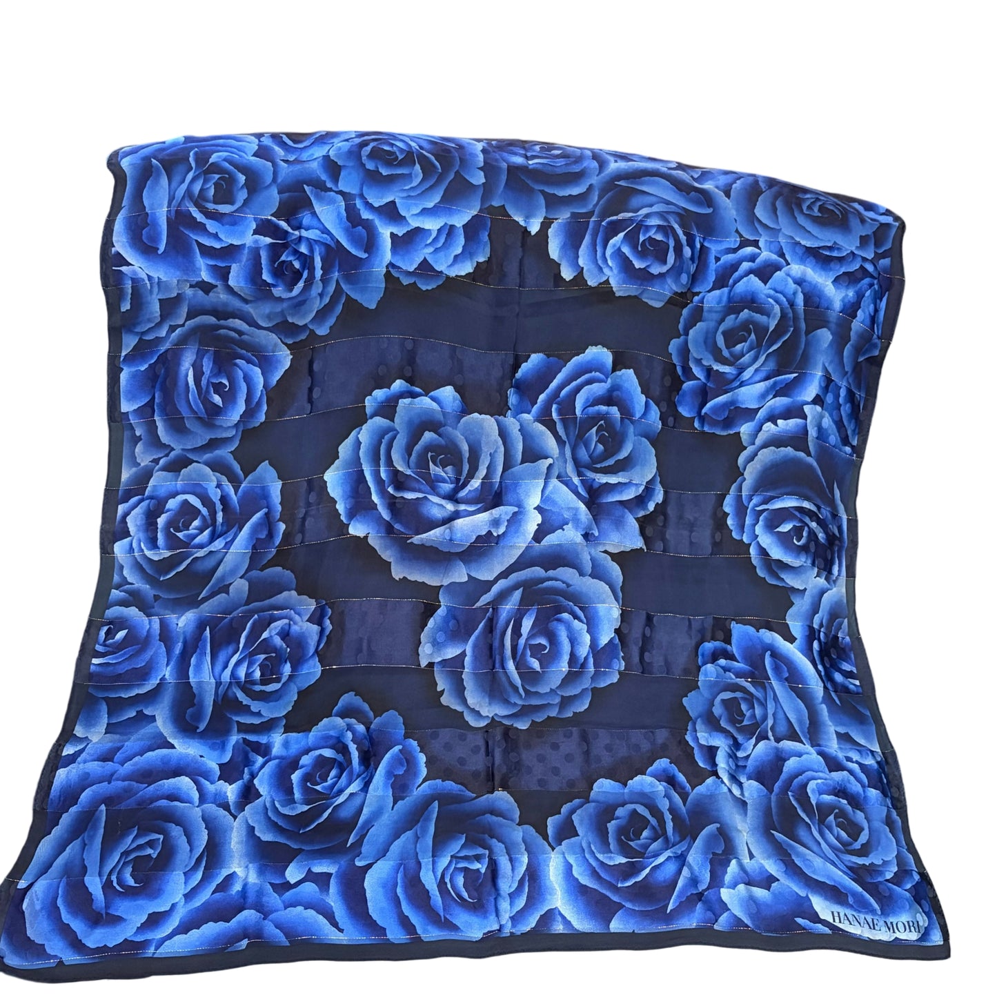 HANAE MORI Rose Print Chiffon Shawl Navy/Blue Sheer