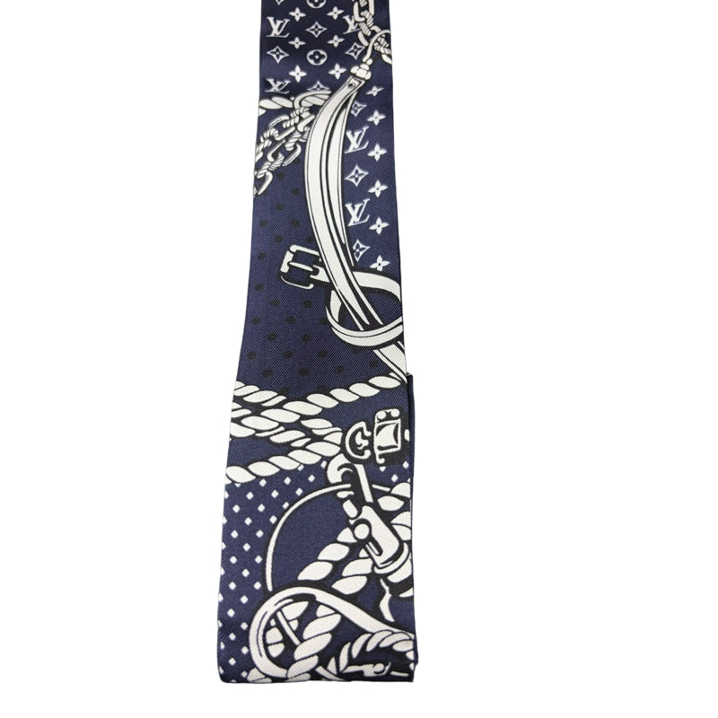 LOUIS VUITTON Bandeau BB Nautical Rope  Buckle Strap 100% Pure Silk Skinny Scarf Twilly Navy Blue White Monogram Dot Pattern Versatile Bag Handle Wrap Headband Included Original Gift Box Classic Accessory