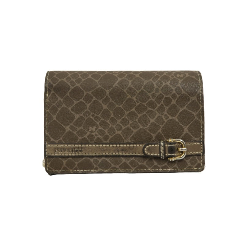 NINA RICCI Snake Embossed Leather Bifold Wallet Brown Gold Buckle Hardware