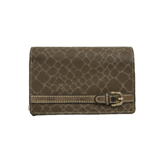 NINA RICCI Snake Embossed Leather Bifold Wallet Brown Gold Buckle Hardware
