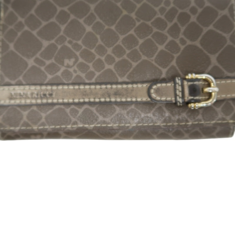 NINA RICCI Snake Embossed Leather Bifold Wallet Brown Gold Buckle Hardware