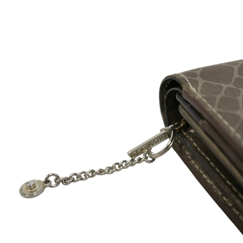 NINA RICCI Snake Embossed Leather Bifold Wallet Brown Gold Buckle Hardware