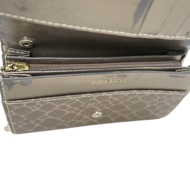NINA RICCI Snake Embossed Leather Bifold Wallet Brown Gold Buckle Hardware