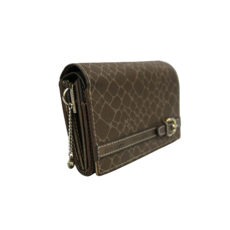 NINA RICCI Snake Embossed Leather Bifold Wallet Brown Gold Buckle Hardware