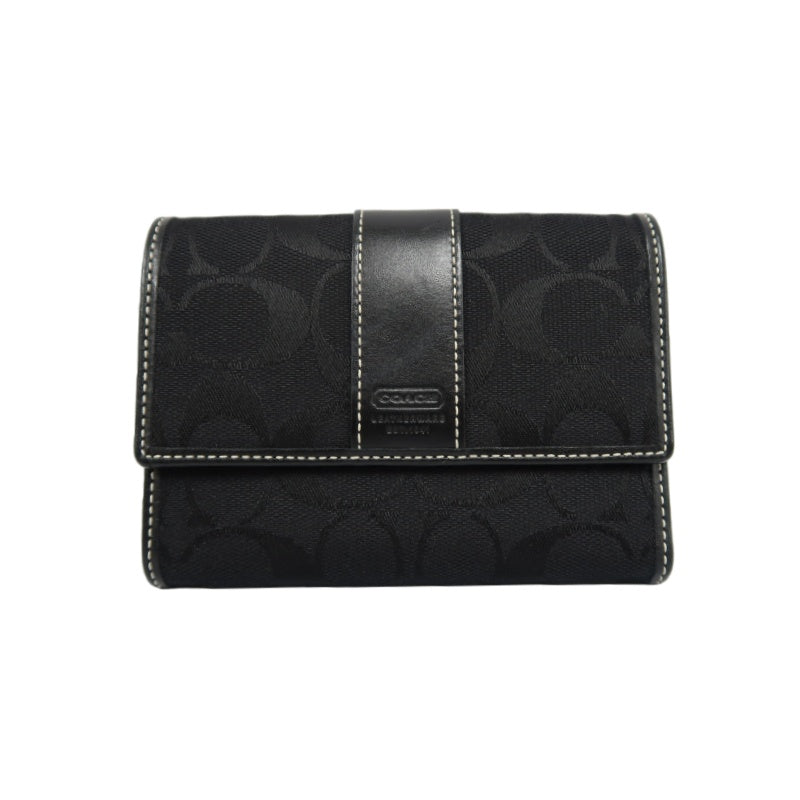 COACH Signature Trifold Wallet Canvas Leather Black Silver Logo Hardware
