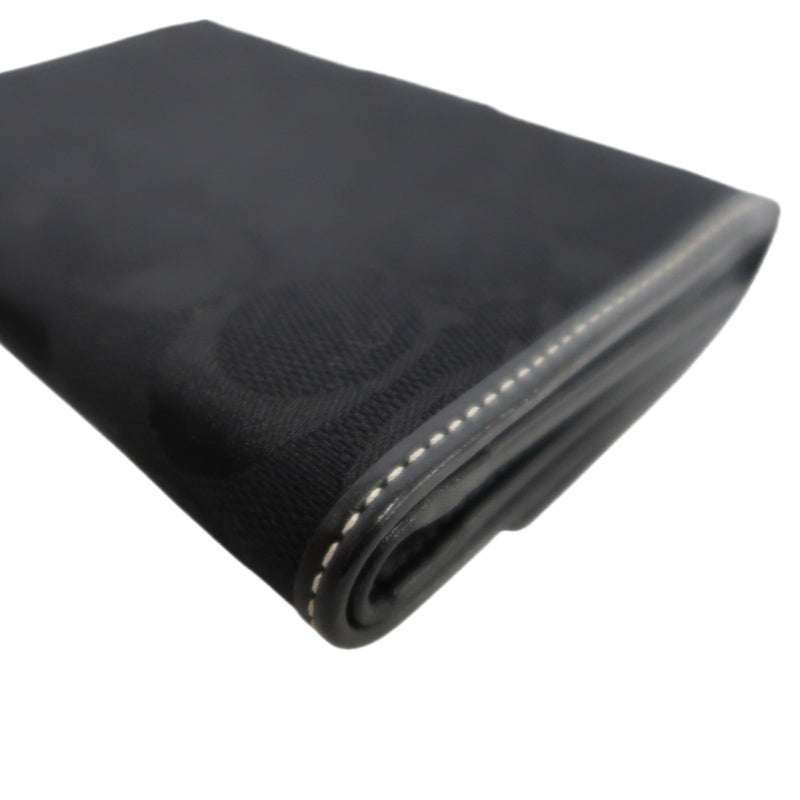 COACH Signature Trifold Wallet Canvas Leather Black Silver Logo Hardware