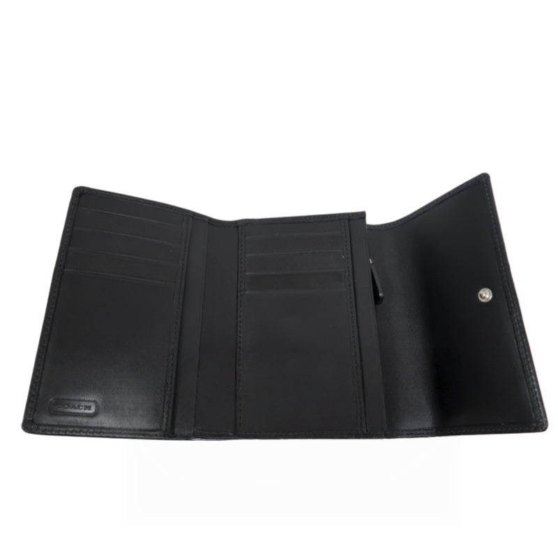 COACH Signature Trifold Wallet Canvas Leather Black Silver Logo Hardware