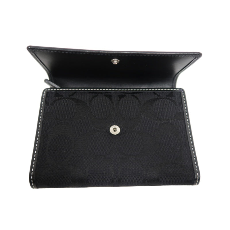 COACH Signature Trifold Wallet Canvas Leather Black Silver Logo Hardware
