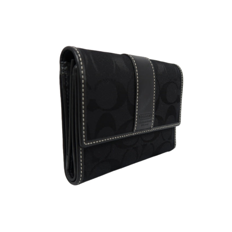 COACH Signature Trifold Wallet Canvas Leather Black Silver Logo Hardware