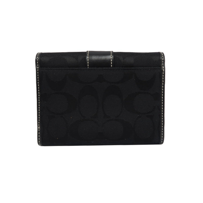 COACH Signature Trifold Wallet Canvas Leather Black Silver Logo Hardware