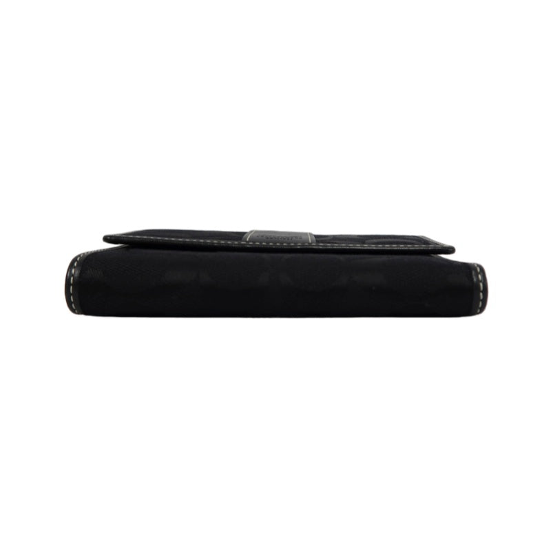 COACH Signature Trifold Wallet Canvas Leather Black Silver Logo Hardware