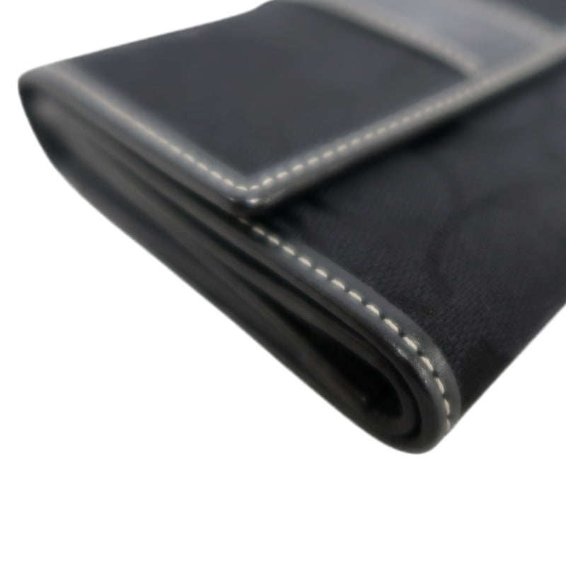 COACH Signature Trifold Wallet Canvas Leather Black Silver Logo Hardware
