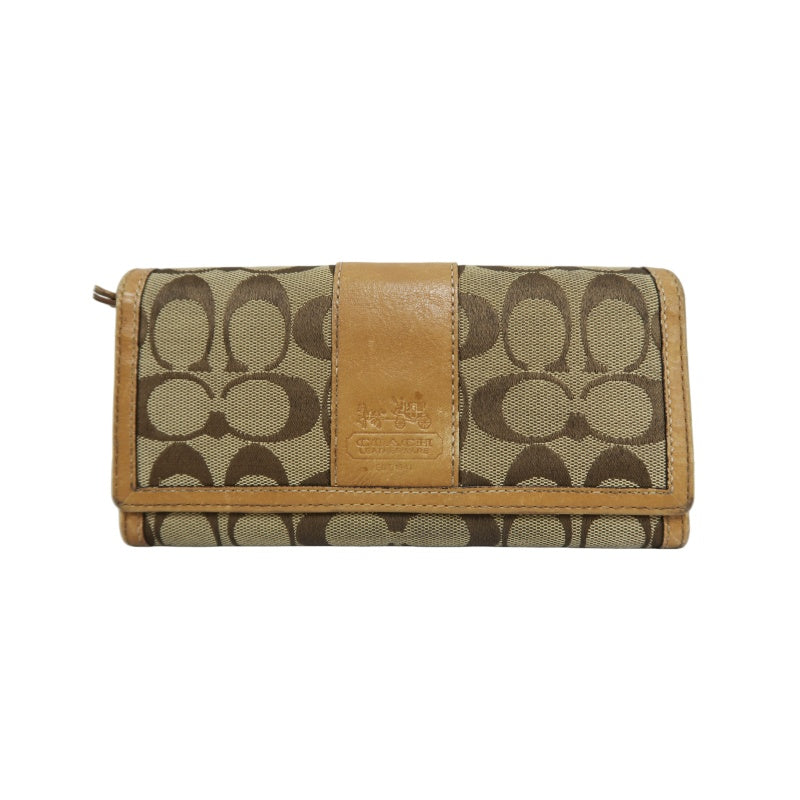 COACH Signature Long Wallet Canvas Leather Beige Brown Embossed Logo