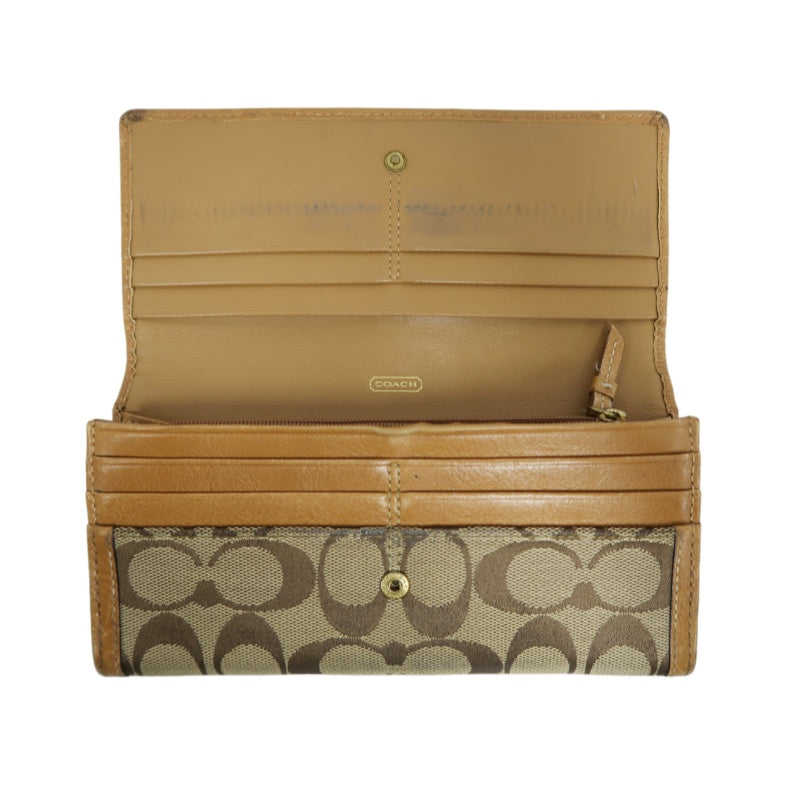 COACH Signature Long Wallet Canvas Leather Beige Brown Embossed Logo