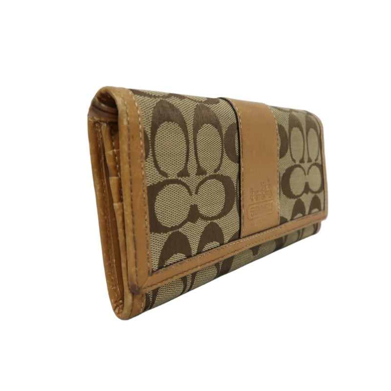 COACH Signature Long Wallet Canvas Leather Beige Brown Embossed Logo