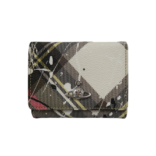 VIVIENNE WESTWOOD Paint Check Trifold Wallet Canvas Leather Multicolor Orb Hardware