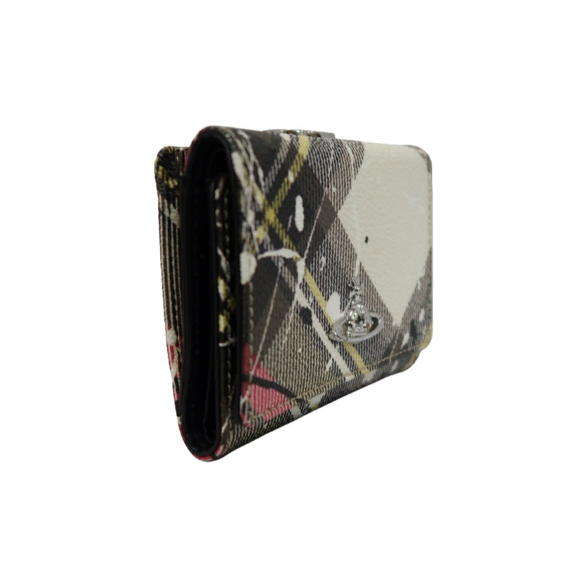 VIVIENNE WESTWOOD Paint Check Trifold Wallet Canvas Leather Multicolor Orb Hardware