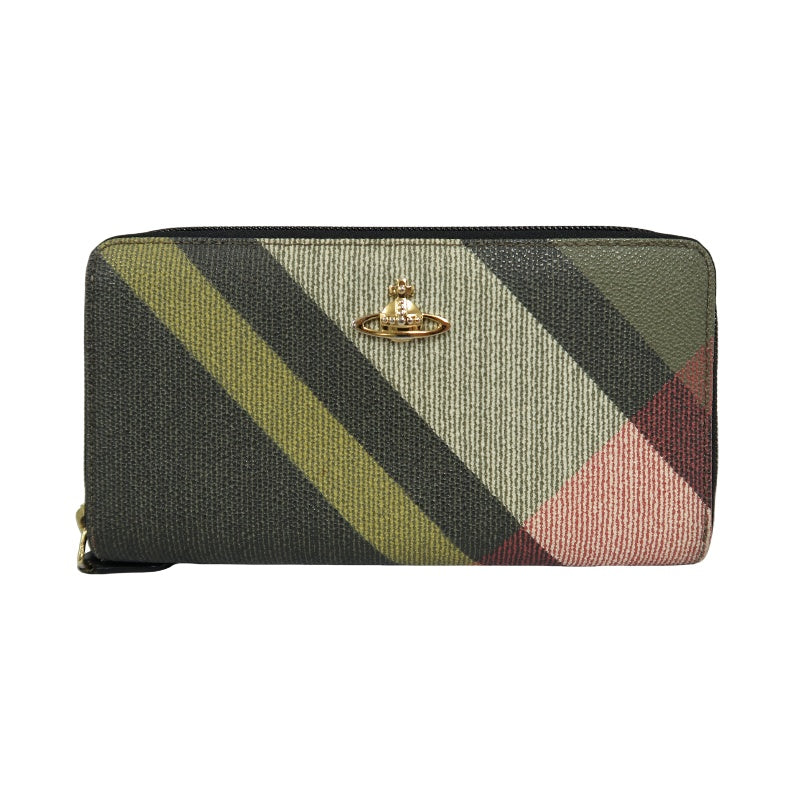 VIVIENNE WESTWOOD Long Wallet, Green & Black Check Leather, Saturn Logo