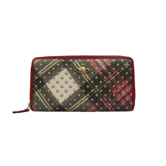 VIVIENNE WESTWOOD Tartan Studded Zip Around Wallet Leather Multicolor Gold Orb Logo Hardware