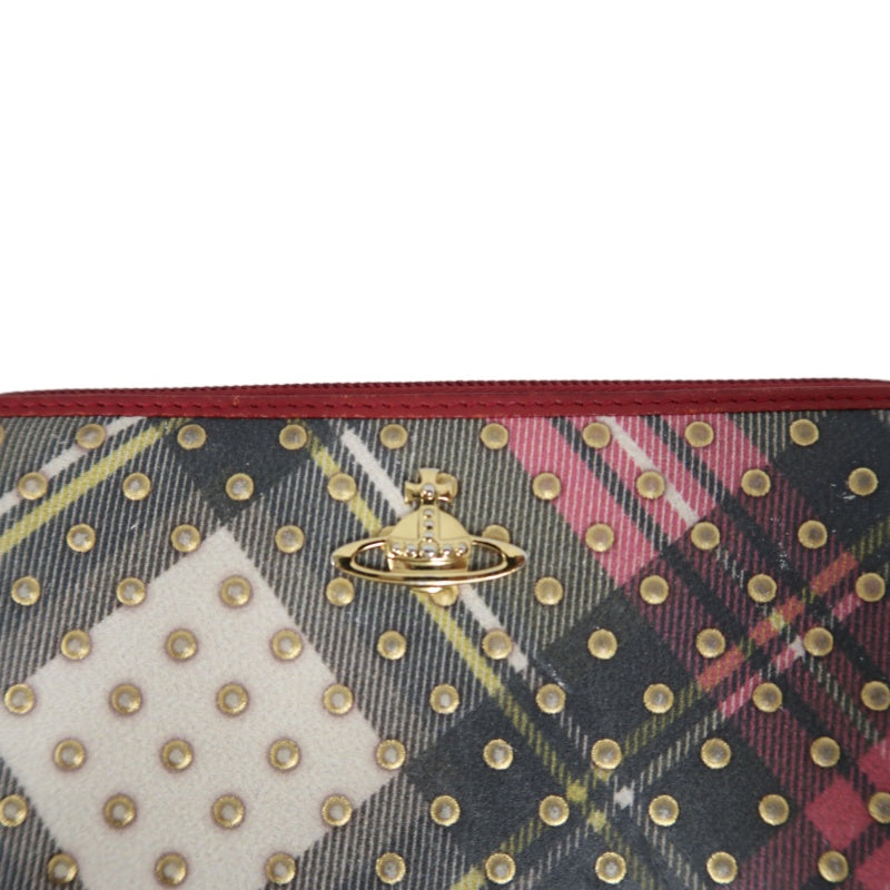 VIVIENNE WESTWOOD Tartan Studded Zip Around Wallet Leather Multicolor Gold Orb Logo Hardware