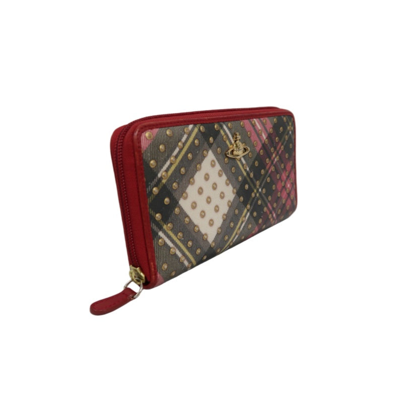 VIVIENNE WESTWOOD Tartan Studded Zip Around Wallet Leather Multicolor Gold Orb Logo Hardware