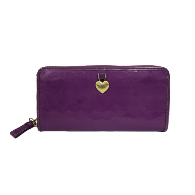 COACH Signature Embossed Patent Leather Zip Around Long Wallet Purple Gold Heart Charm Hardware