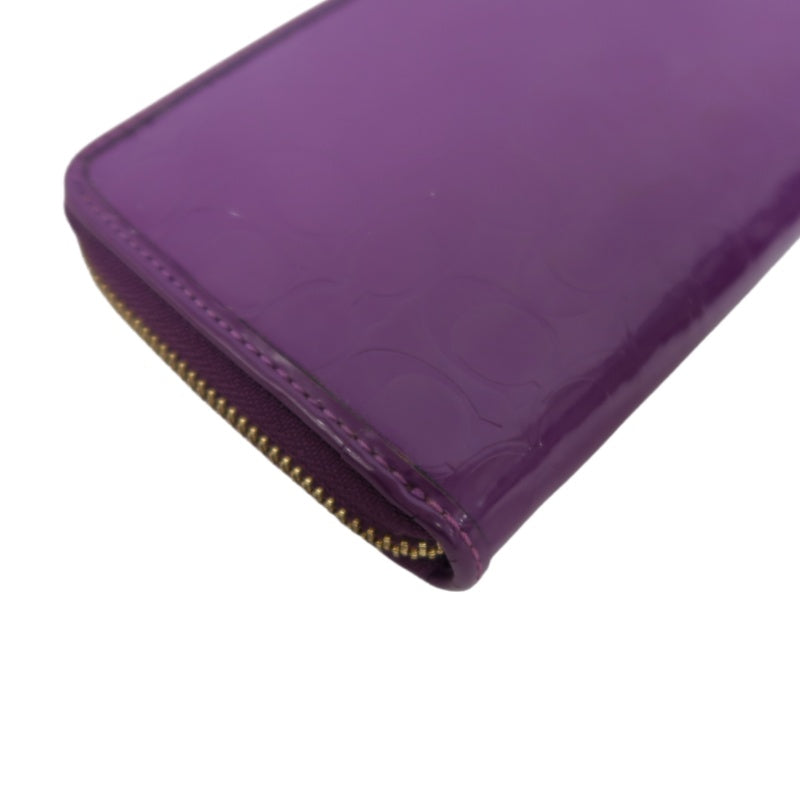 COACH Signature Embossed Patent Leather Zip Around Long Wallet Purple Gold Heart Charm Hardware