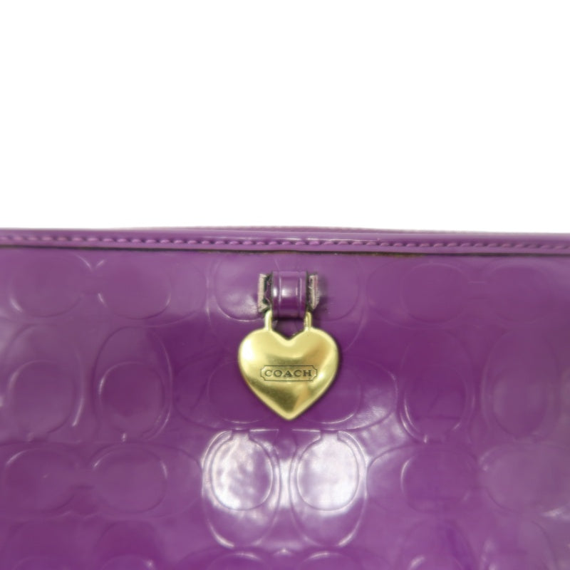 COACH Signature Embossed Patent Leather Zip Around Long Wallet Purple Gold Heart Charm Hardware