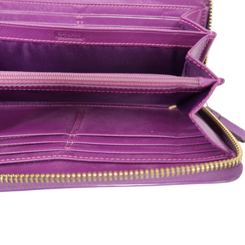 COACH Signature Embossed Patent Leather Zip Around Long Wallet Purple Gold Heart Charm Hardware