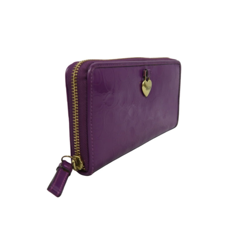 COACH Signature Embossed Patent Leather Zip Around Long Wallet Purple Gold Heart Charm Hardware
