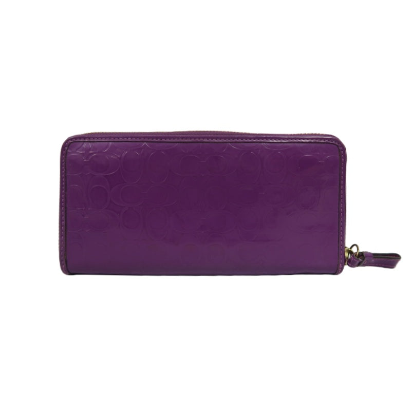 COACH Signature Embossed Patent Leather Zip Around Long Wallet Purple Gold Heart Charm Hardware