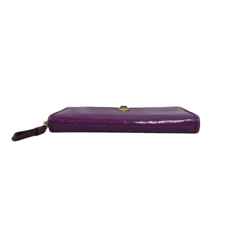 COACH Signature Embossed Patent Leather Zip Around Long Wallet Purple Gold Heart Charm Hardware