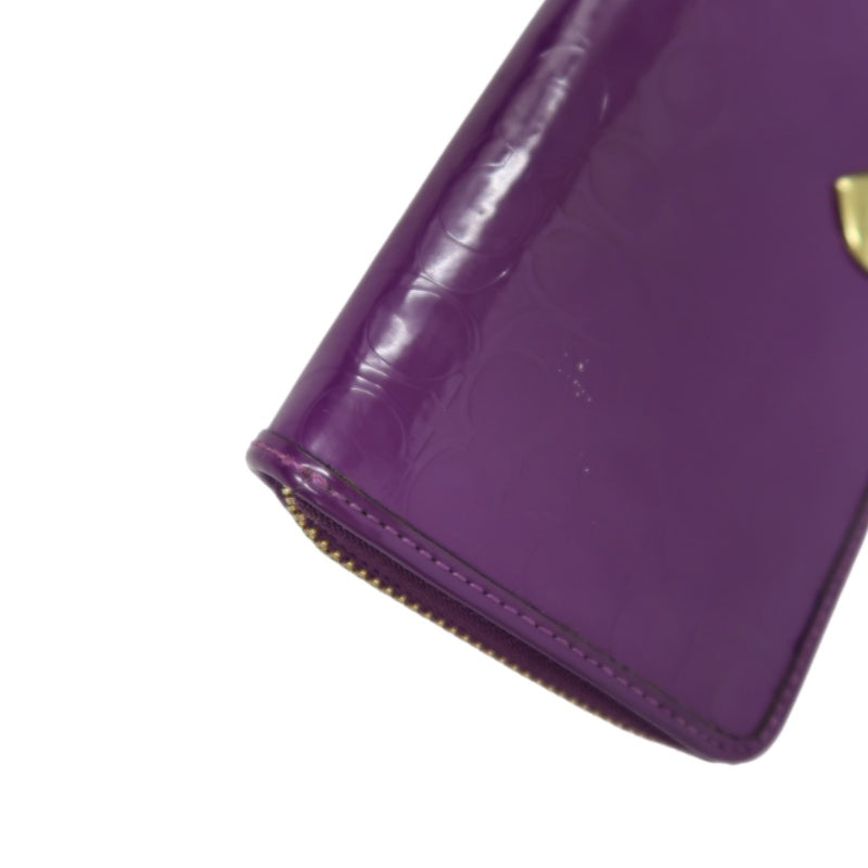 COACH Signature Embossed Patent Leather Zip Around Long Wallet Purple Gold Heart Charm Hardware