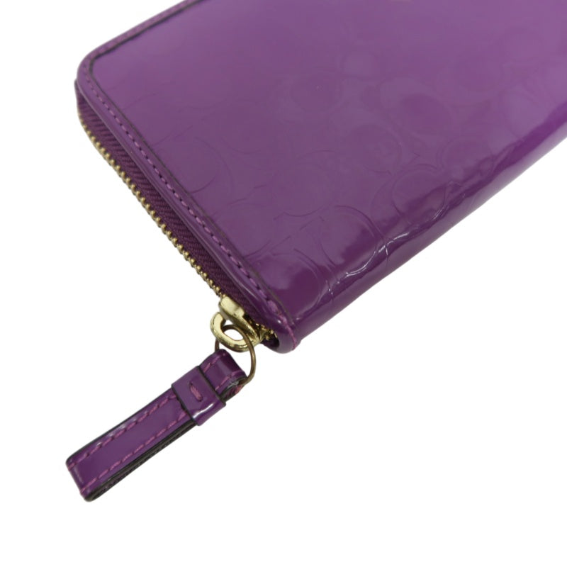 COACH Signature Embossed Patent Leather Zip Around Long Wallet Purple Gold Heart Charm Hardware