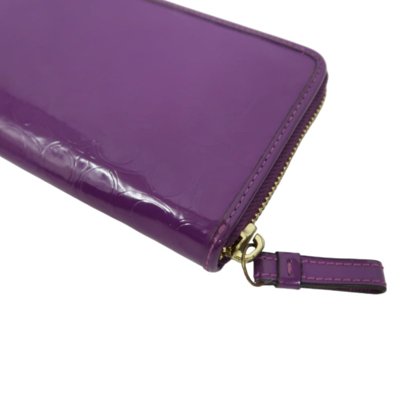 COACH Signature Embossed Patent Leather Zip Around Long Wallet Purple Gold Heart Charm Hardware