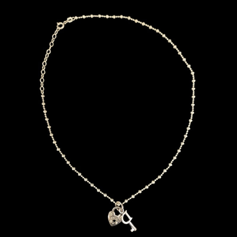 DIOR  Vintage 925 Sterling Silver Heart & Key Pendant Necklace Silver Tone Hardware