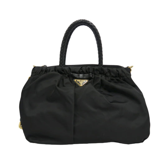 PRADA Ribbon Nylon Handbag Black with Gold Hardware & Shoulder Strap