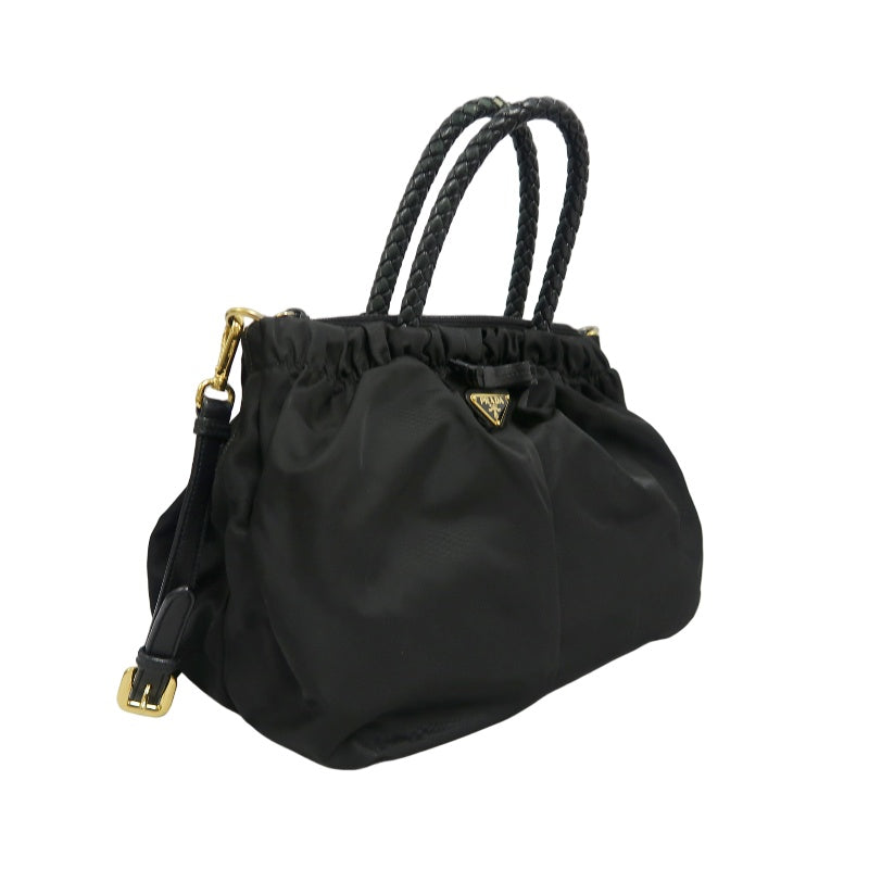 PRADA Ribbon Nylon Handbag Black with Gold Hardware & Shoulder Strap