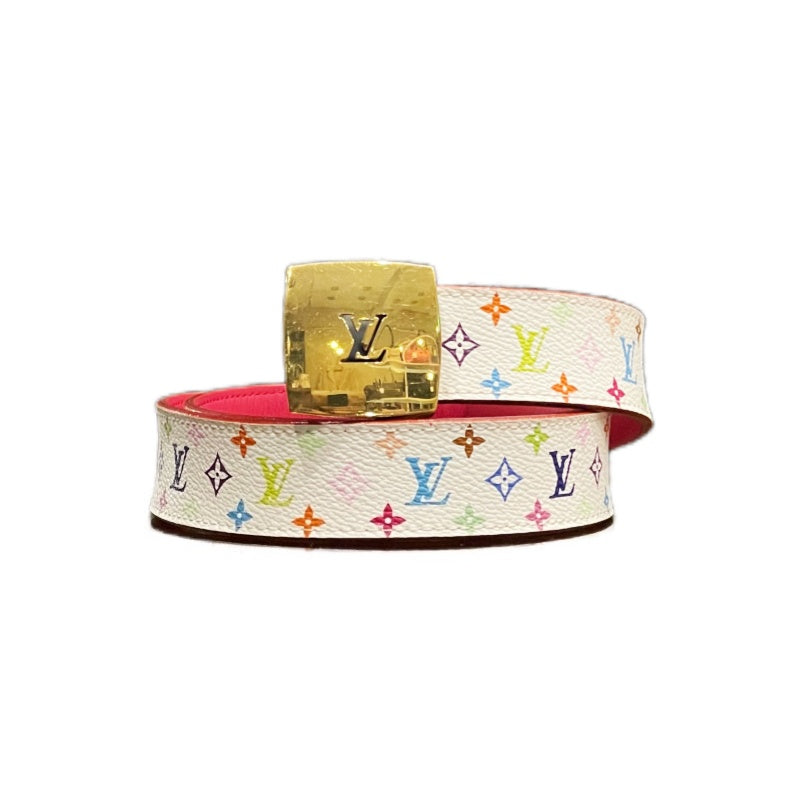 LOUIS VUITTON LV Monogram Multicolore White Canvas PVC Belt Gold Buckle With Box & Dust Bag