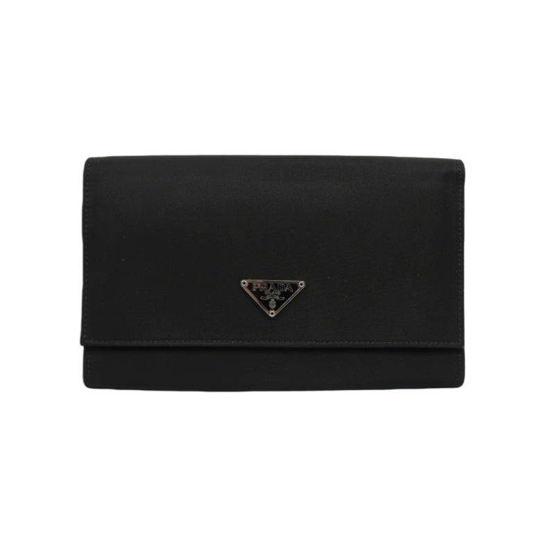 PRADA Tessuto Nylon Trifold Long Wallet Nylon Leather Black Silver Triangle Logo Plate Hardware