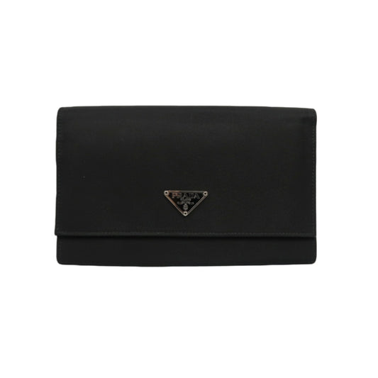 PRADA Tessuto Nylon Trifold Long Wallet Nylon Leather Black Silver Triangle Logo Plate Hardware