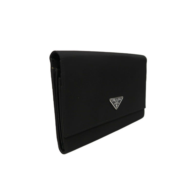 PRADA Tessuto Nylon Trifold Long Wallet Nylon Leather Black Silver Triangle Logo Plate Hardware