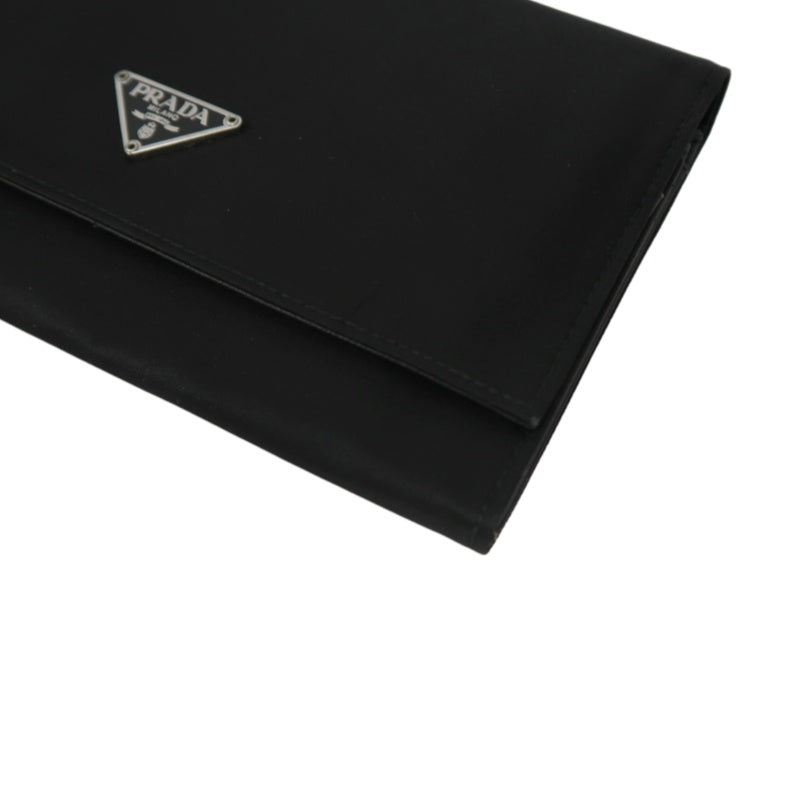 PRADA Tessuto Nylon Trifold Long Wallet Nylon Leather Black Silver Triangle Logo Plate Hardware