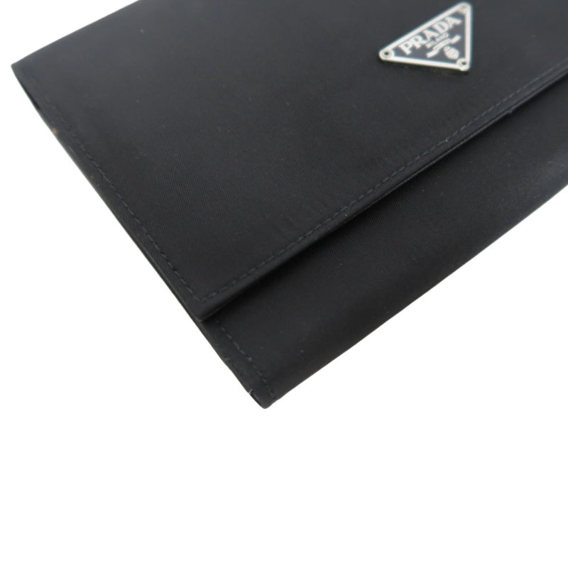 PRADA Tessuto Nylon Trifold Long Wallet Nylon Leather Black Silver Triangle Logo Plate Hardware