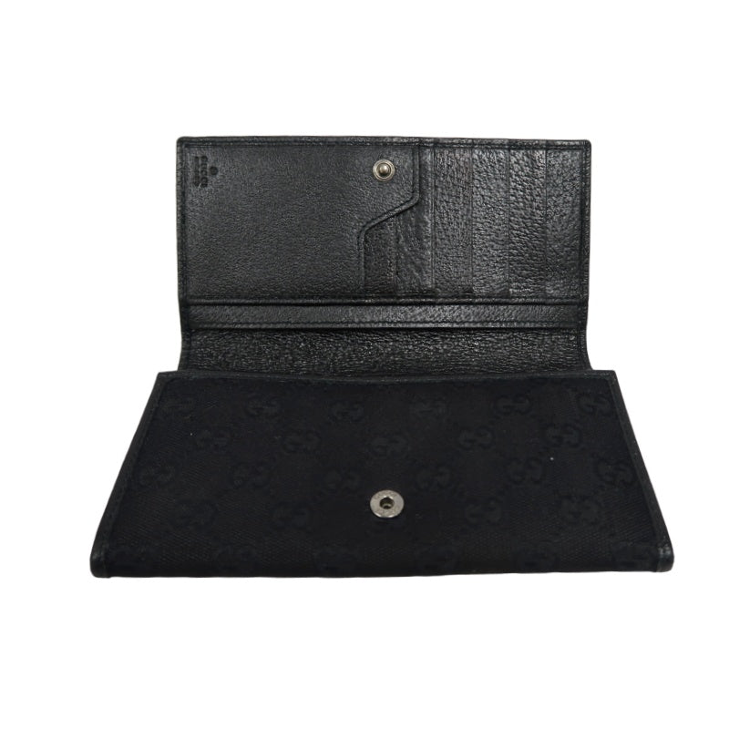 GUCCI GG Canvas Long Wallet Black Silver Hardware With Box