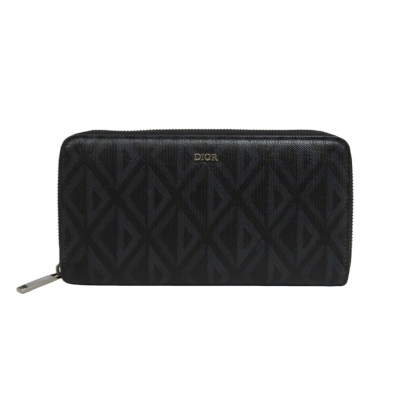 DIOR CD Diamond Round Zip Long Wallet, Black PVC, Silver Hardware, With Box & Dust Bag